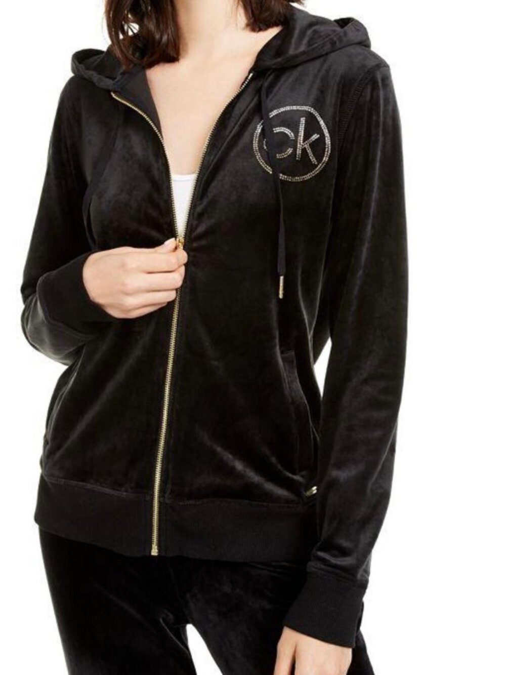Calvin Klein Women’s XL Black Velour Rhinestone CK Logo Full Zip Hoodie